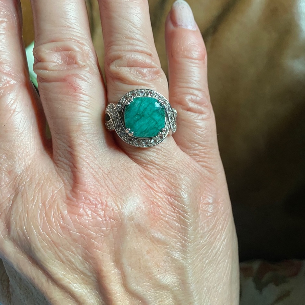 Emerald, sterling silver, white topaz women’s ring